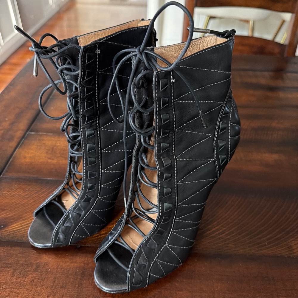 L.A.M.B. Black Lace-Up Peep-Toe Boots